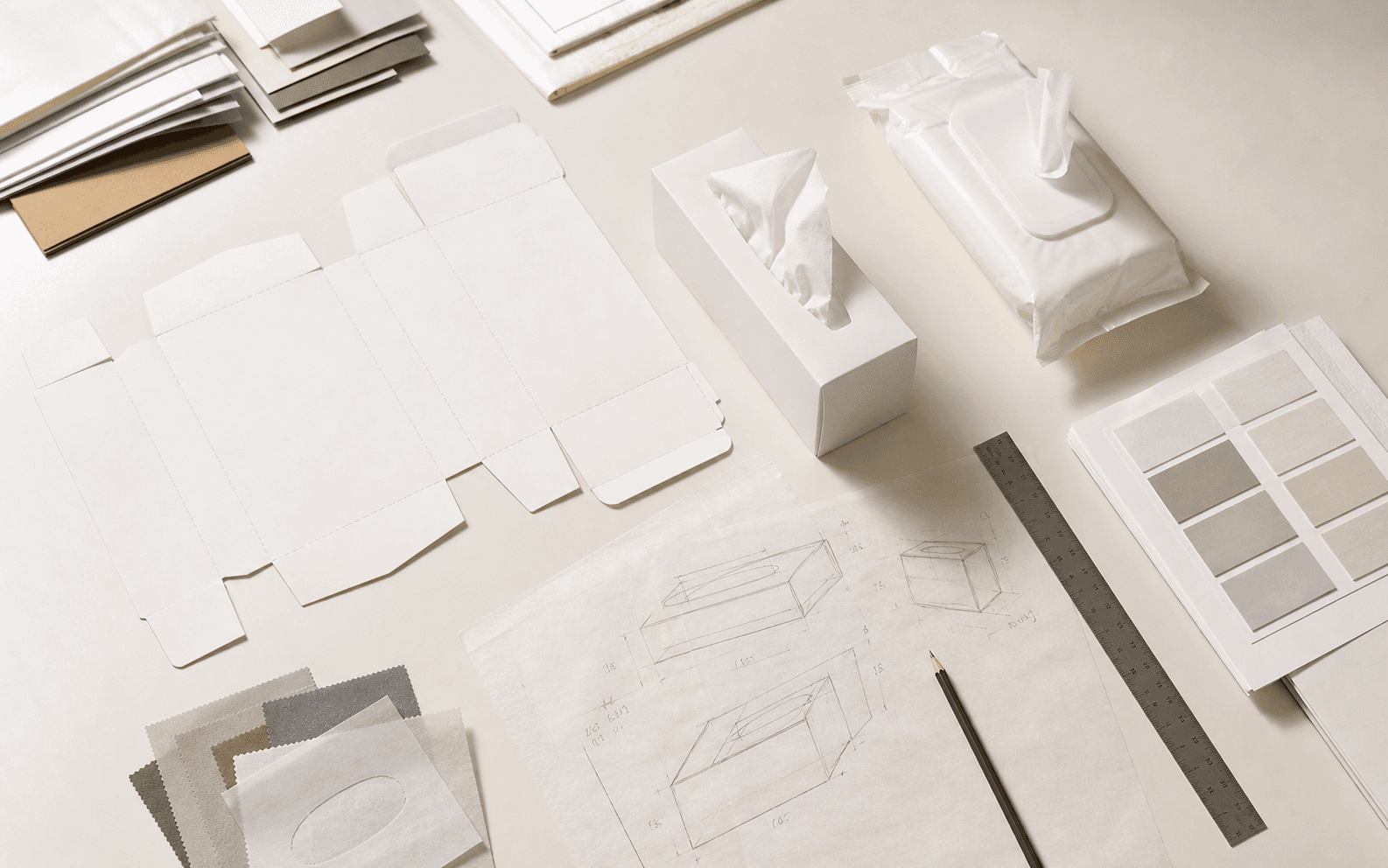 Box facial tissue sample kit with packaging, paper, and print references for OEM review