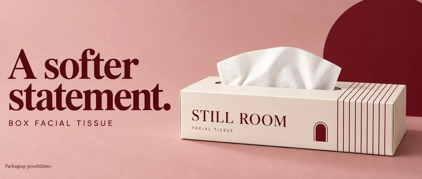 Original Still Room box facial tissue packaging concept with ivory paperboard, burgundy stripes and an oval tissue opening on a rose background