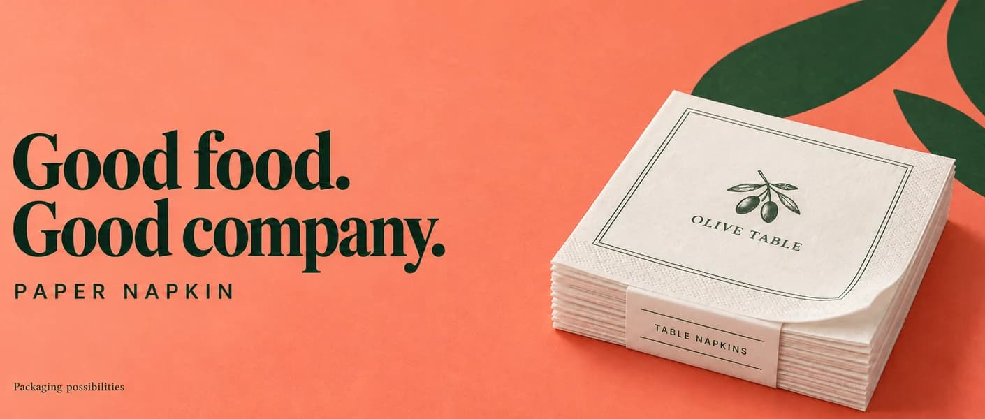 Original Olive Table print concept on folded white paper napkins with green borders and olive illustrations against coral